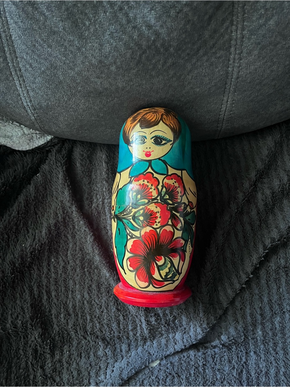 Hand-Painted Turquoise and Red Russian Nesting Doll